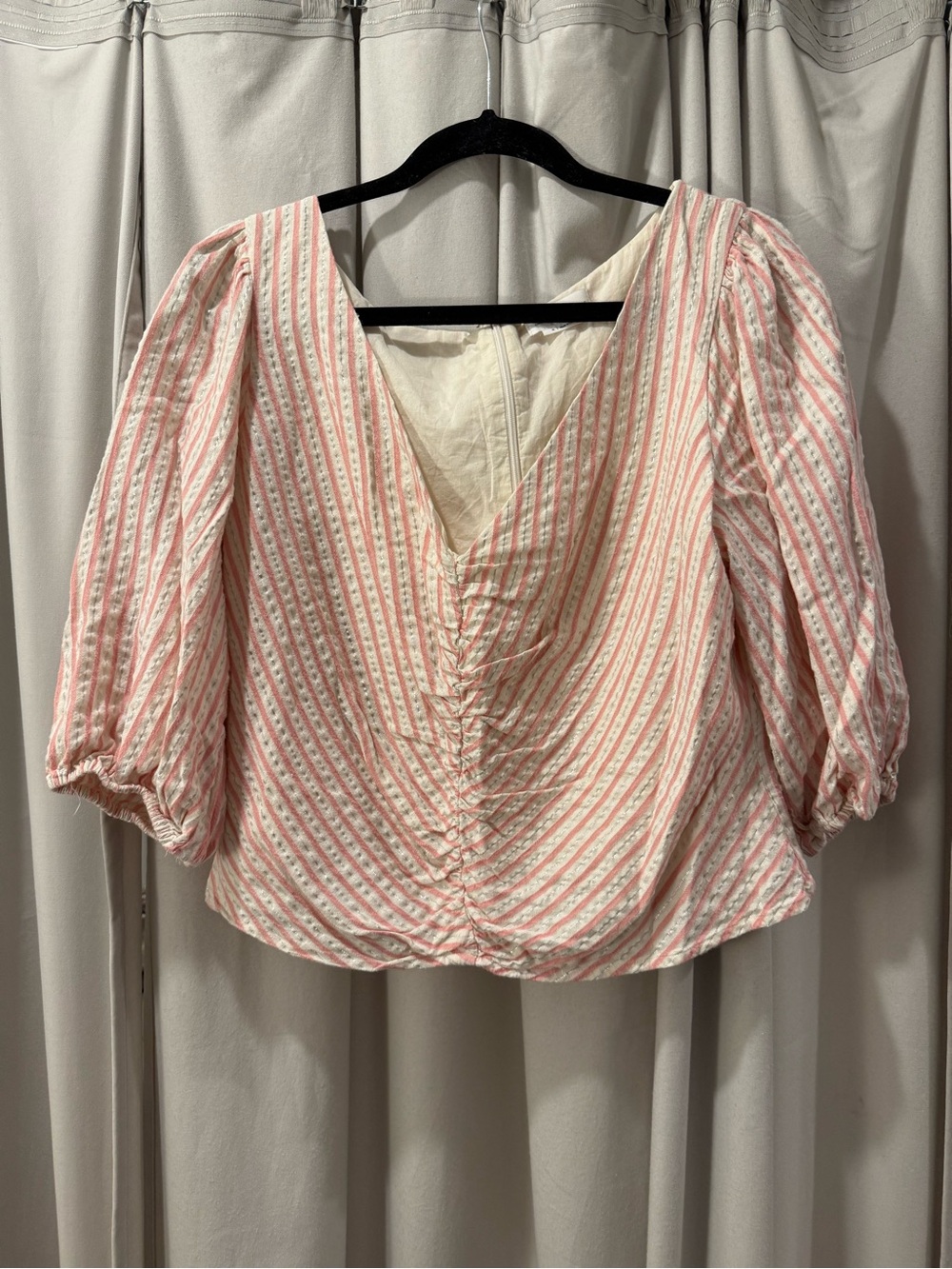 Lovers + Friends Pink and Cream Striped V-Neck Puff Sleeve Blouse